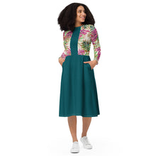 Load image into Gallery viewer, Teal Print Long Sleeve Midi Dress