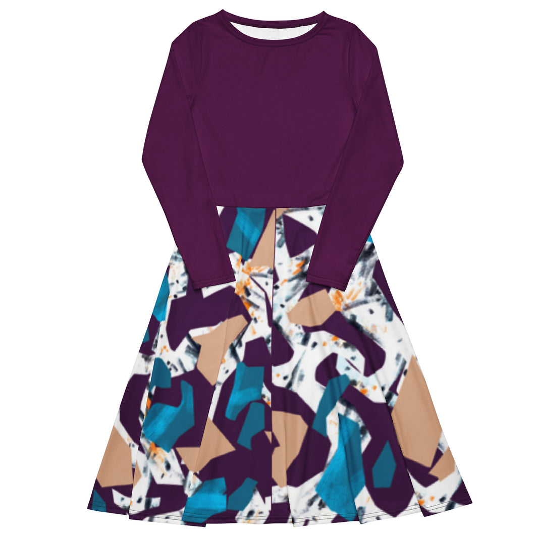 Plum Print Long Sleeve Midi Dress