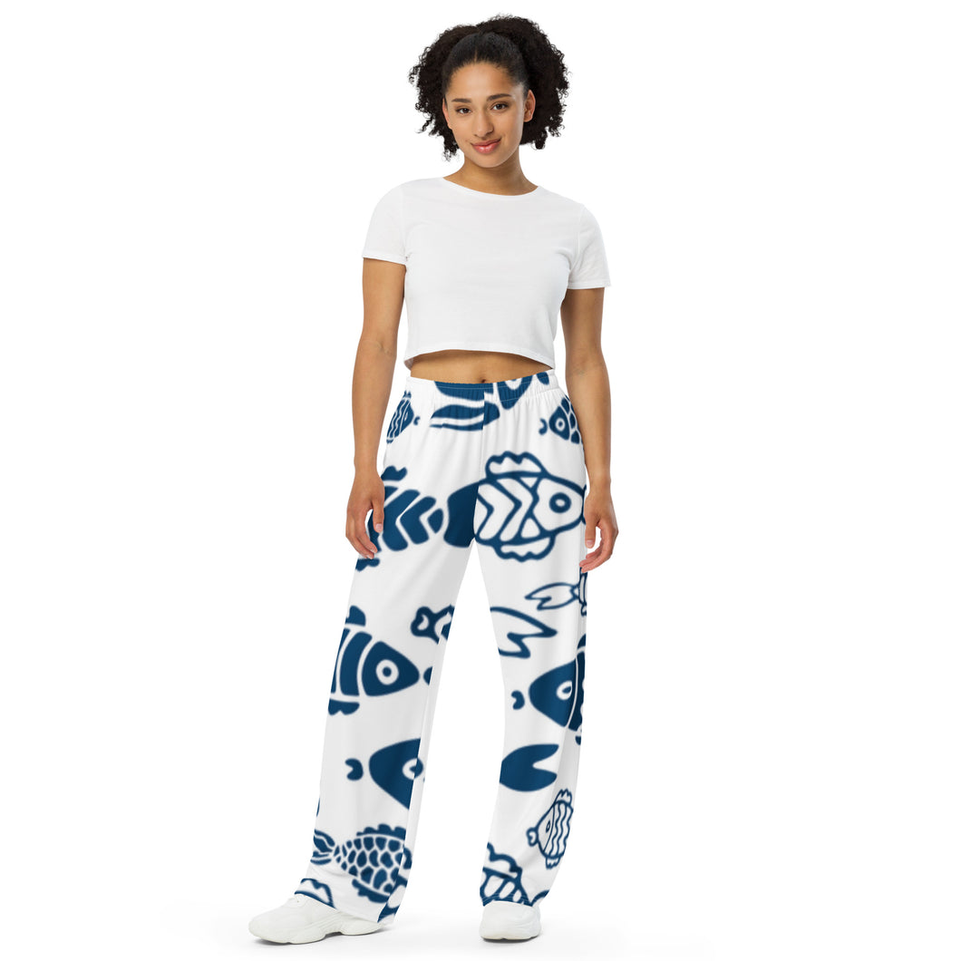 Unisex Wide-Leg Fish Print Pants